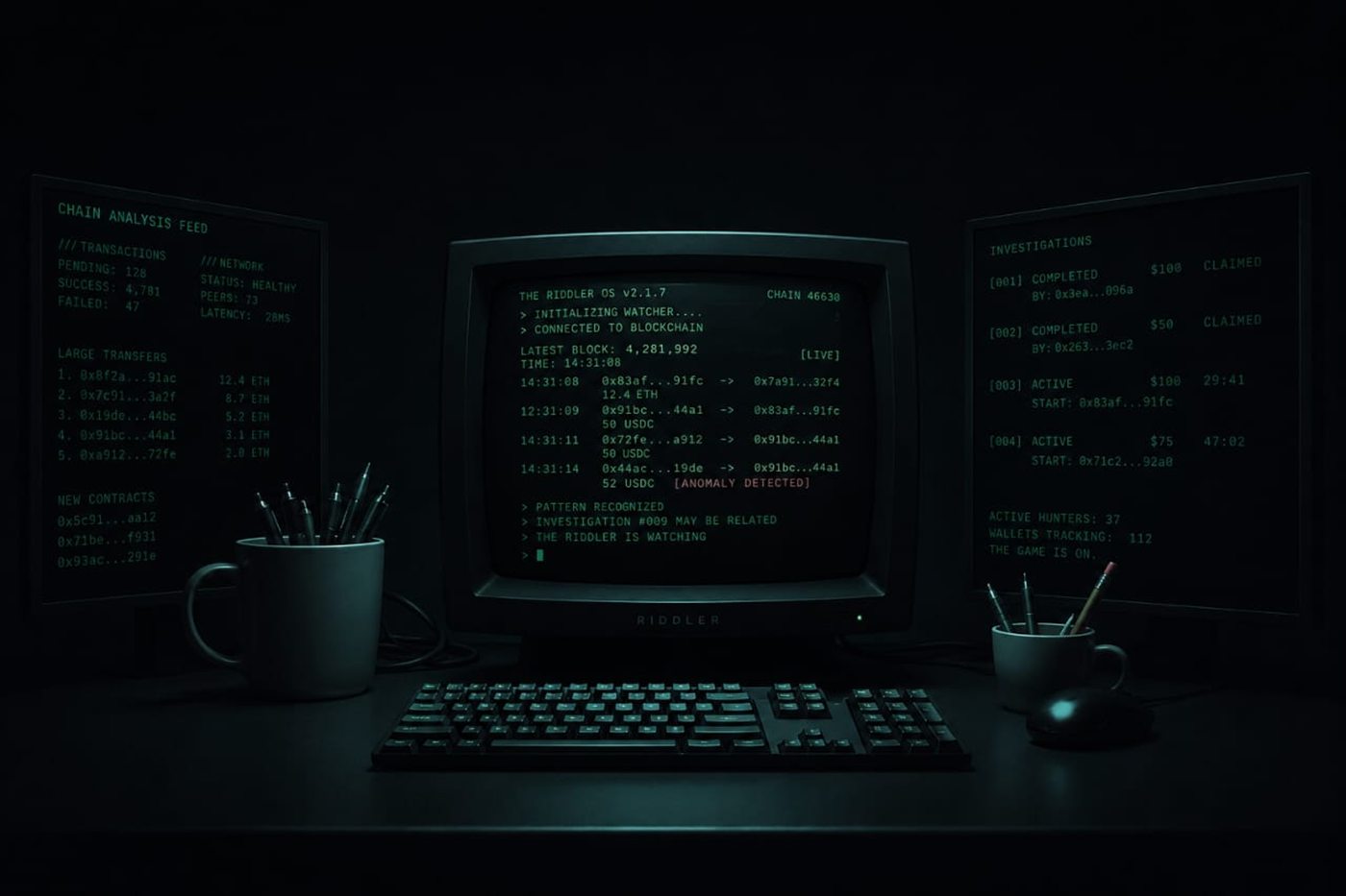 A dark desk with three monitors showing a live chain analysis feed.